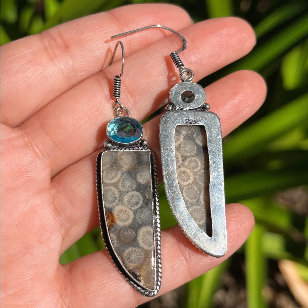 925 Silver plated‎ coral jade drop earrings